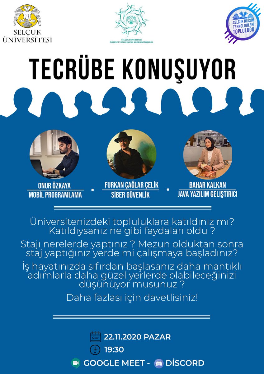 Hepinizi 22.11.2020 19:30'da bekliyoruz. 

#SelçukÜniversitesi #KonyaTeknikÜniversitesi #BilişimTeknolojileriTopluluğu