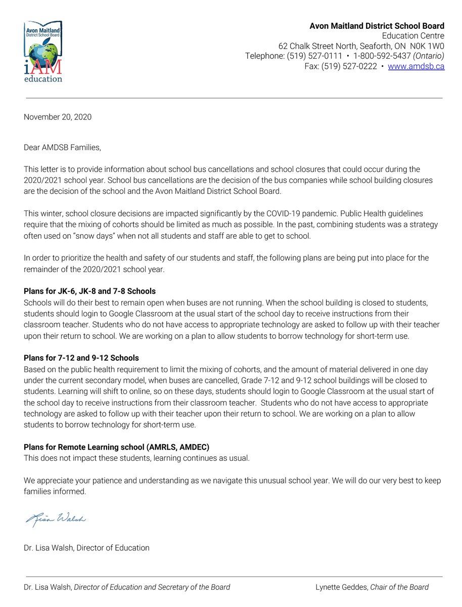 Curious about what happens this winter when buses are cancelled? Read the letter from Director Lisa Walsh. It has also been emailed to parents/guardians and posted here: amdsb.ca/apps/news/arti…. Families will receive school-specific information from principals next week.