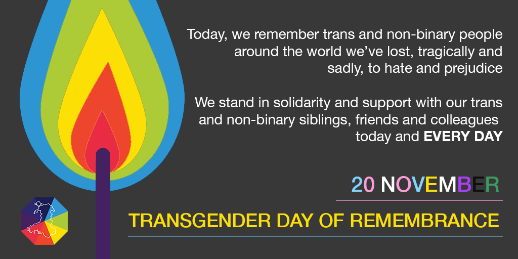 Today, we remember  trans and non-binary people around the world we've lost, tragically and sadly. to hate and prejudice.

#TransgenderDayOfRemembrance #TogetherWeStand #Support #Diversity #Dignity #Respect