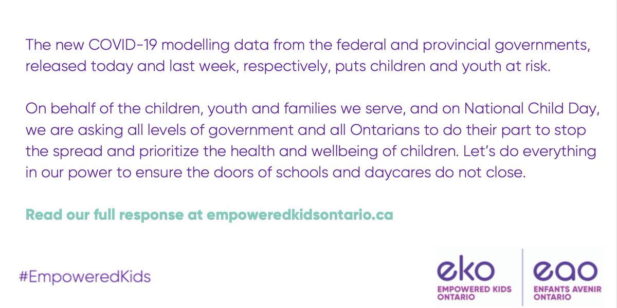 EmpoweredKidsON's tweet photo. Today is #NationalChildDay and health care leaders in #Ontario have issued a warning—and express deep concern—about new #COVID19 modelling data.
Read our full response: https://t.co/qkfclydDlG
#OnPoli #MentalHealth #NCD2020 #KidsInCrisis @NatlChildDay @ONgov @CHCOntario https://t.co/UTxCsffYWK
