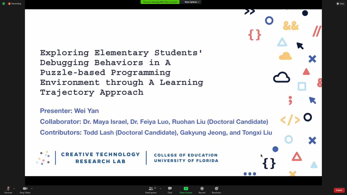UF_CSEveryone's tweet photo. #DebugLT20 lightning talk from @WeiYan2018: Exploring Elementary Students' Debugging Behaviors in A Puzzle-based Programming Environment through A Learning Trajectories Approach https://t.co/dbOrUKl4u6