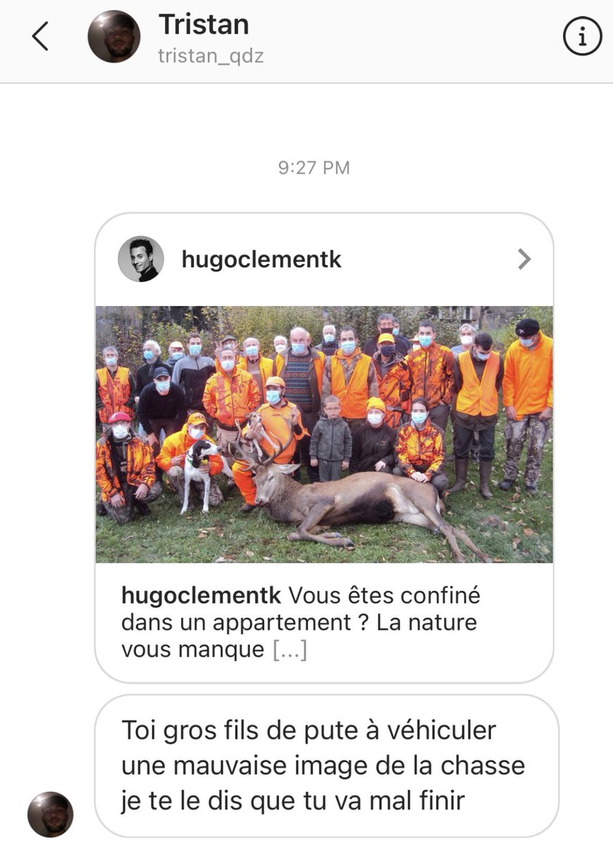 hugoclement's tweet photo. C’est la règle : pointer du doigt les pratiques de certains chasseurs = recevoir des menaces. https://t.co/XLohqCMEp5