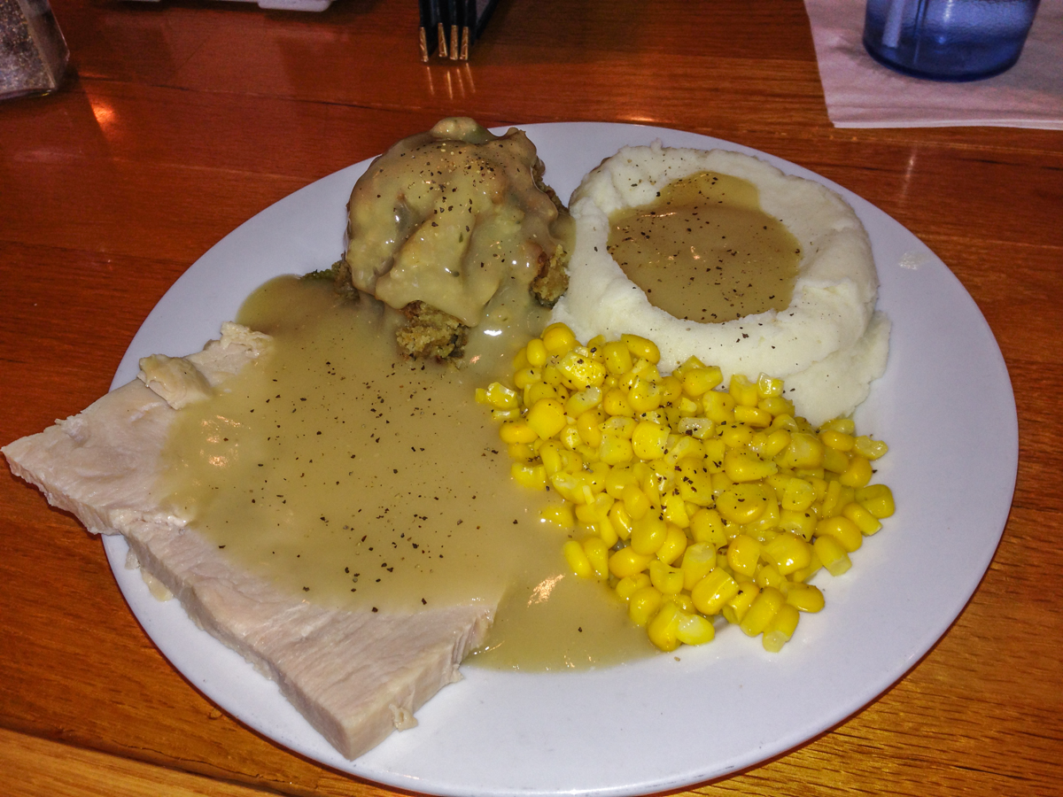 We are just a few short days from Thanksgiving dinner time!  Join us again this year as we offer up our famous Turkey Day dinner starting at 10am Thursday!  Get this entire plate of food PLUS cranberry sauce AND Pumpkin pie for just $12.99!!