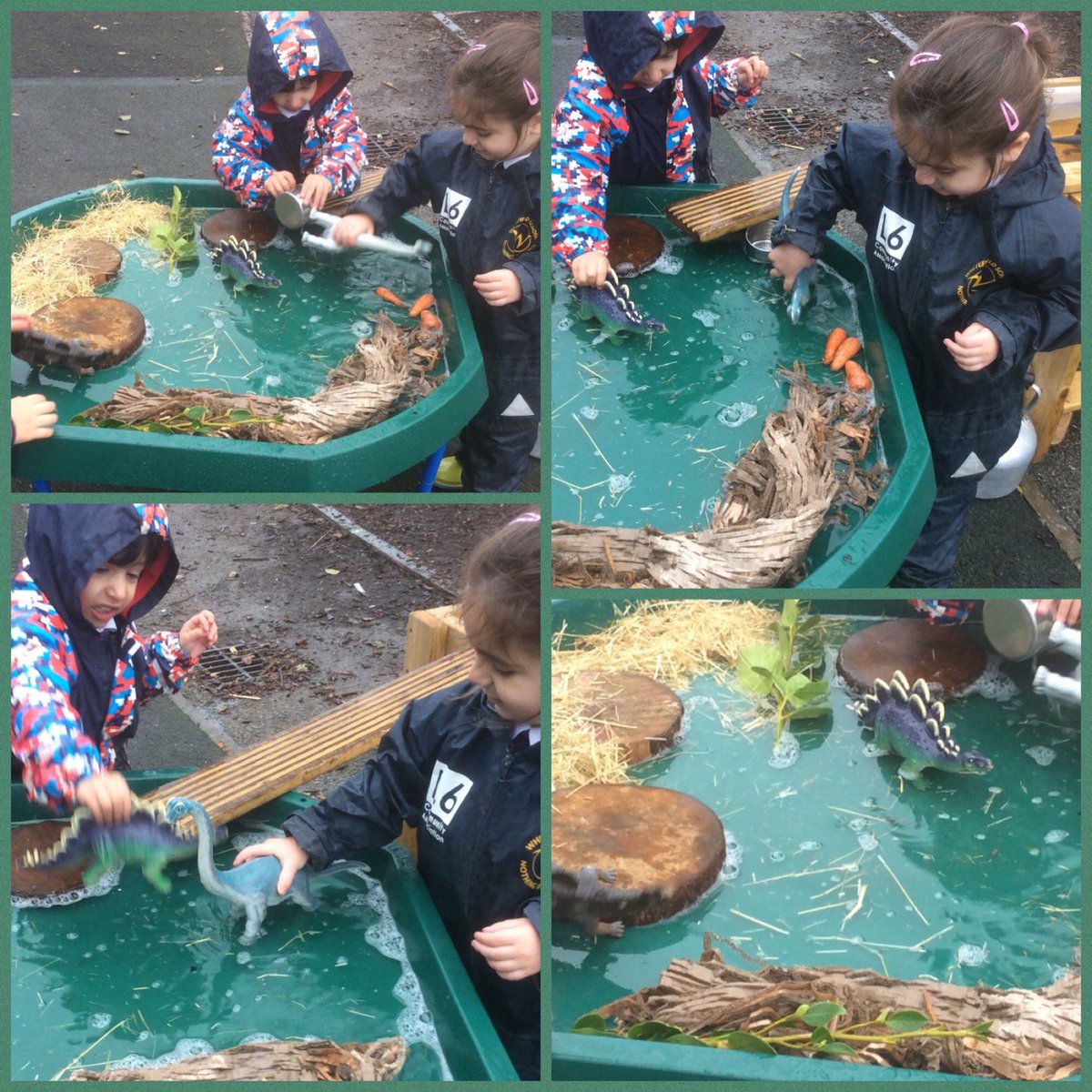 Marr weekend early years joy! We became fully emerged in our small world play today. We washed the dinosaurs, took them for a swim, fed them with leaves and carrots and transported them using planks between water trays. We had lots of fun and laughter during this play.