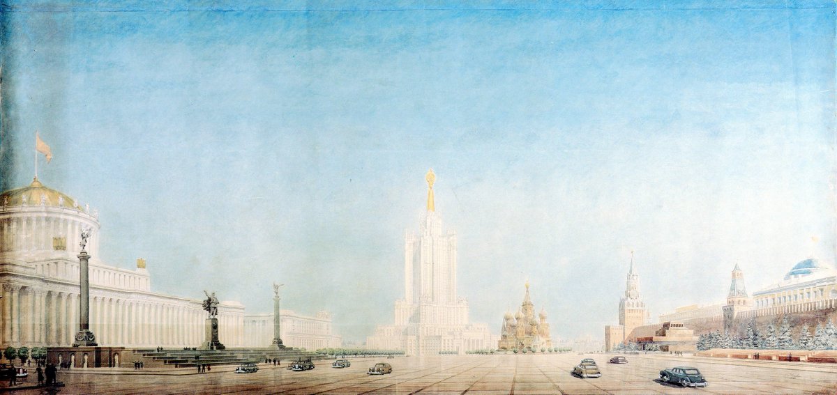 7/ Stalinist architecture presaged the cold war as Russia's eye for an architectural rival moved from Germany to the U.S. In a response to Art Deco. The ebullient and rebellious Constructivism gave way to mass luxury, urban planning on a grand scale and triumphant imperialism.