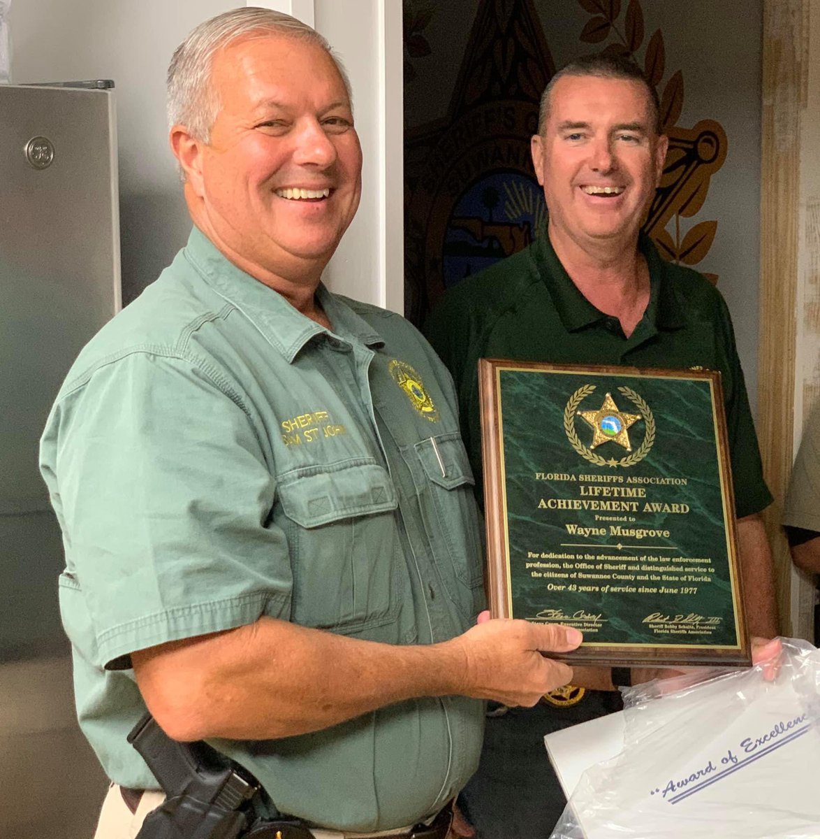 Sheriff St John and the Florida Sheriffs Association <a href="/FLSheriffs/">Florida Sheriffs Association</a>    presented Lt. Wayne Musgrove a Lifetime Achievement Award for his 43 years of law enforcement service.