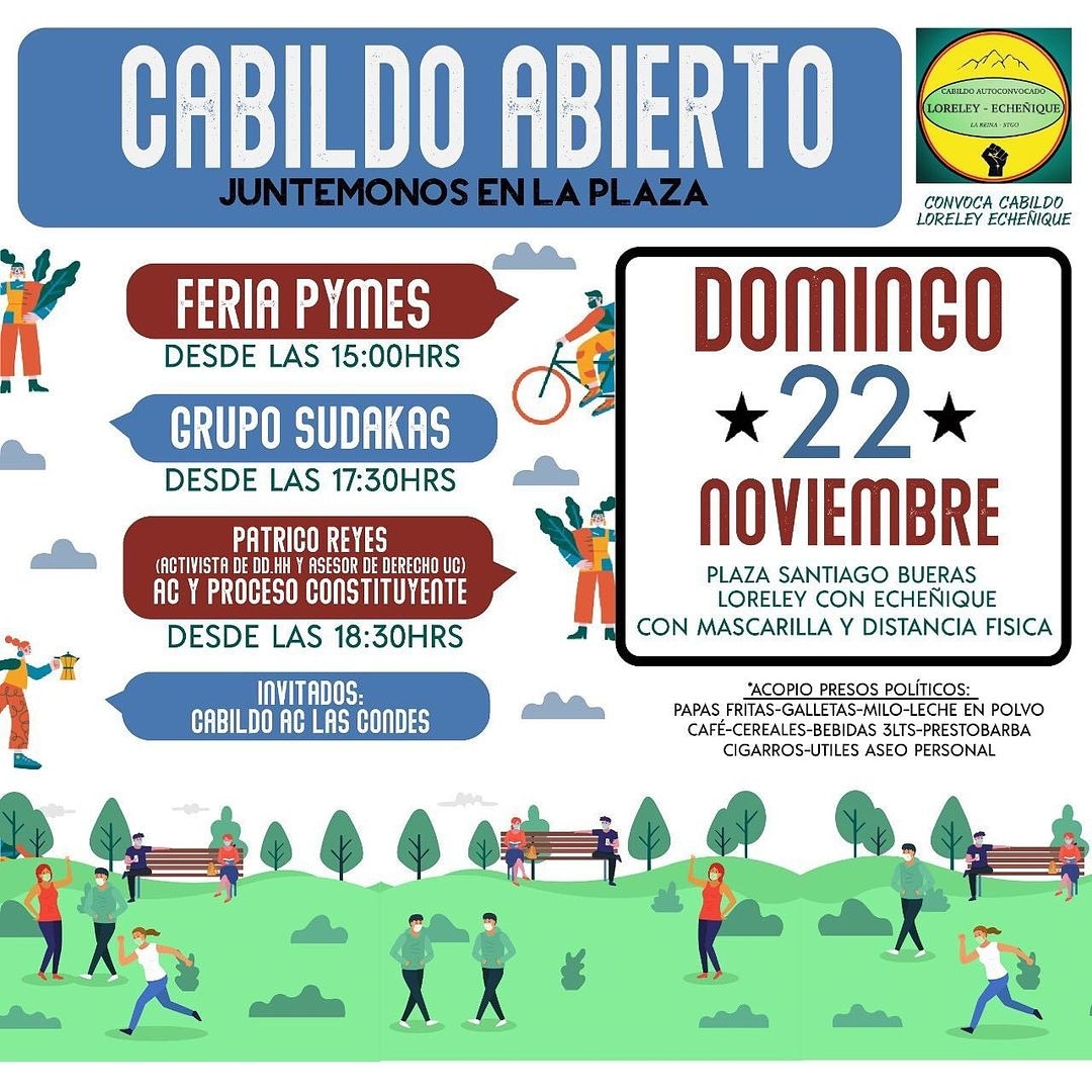 Buenos días cabilderos/as!
Este domingo nos encontraremos en nuestra plaza para conversar con Patricio Reyes (Activista DD.HH y Asesor de derecho UC) Sobre las dificultades del proceso constitucional y sobre las Asambleas Constituyentes.