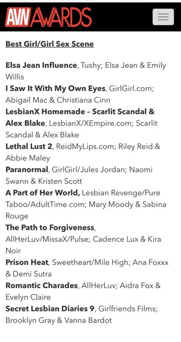 Congratulations to @Naomi_Swann & @krisscottx for their Best Girl/Girl Sex Scene  nomination for Paranormal