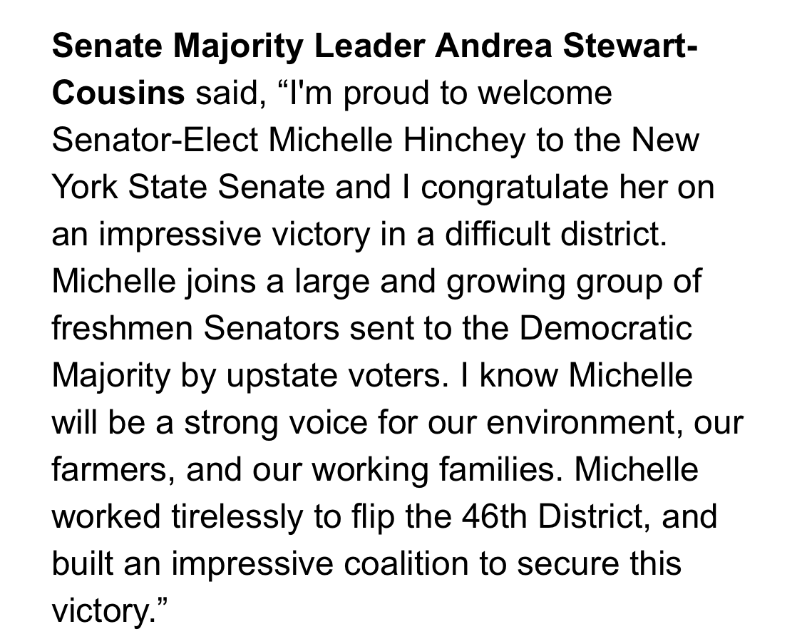 jonathanhepp's tweet photo. Congrats Senator-Elect @MichelleHinchey!

The daughter of the late Rep. Maurice Hinchey has FLIPPED the sprawling 46th State Senate District that includes the Hudson Valley, Capital Region &amp; Mohawk Valley. 

#RedMirage https://t.co/iMjIhzwqZQ