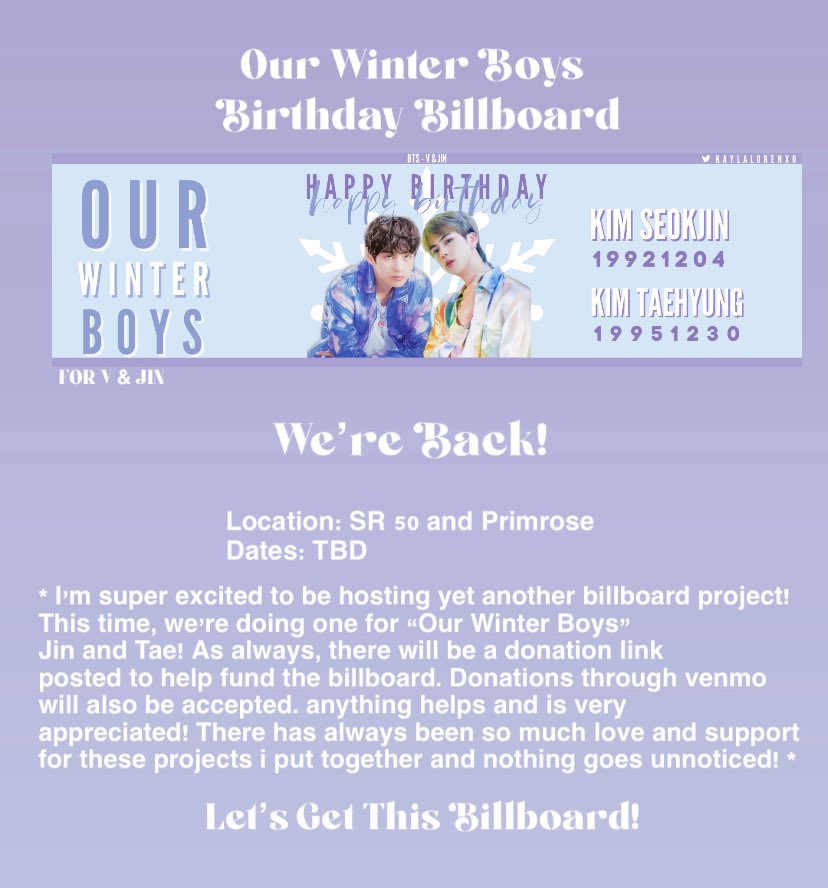 kaylalorenxo's tweet photo. ❄️Our Winter Boys Billboard AD in Orlando❄️
the time has finally come! let’s celebrate BTS tae and jins birthday! 
donation link: https://t.co/KMynq98XND
venmo: kaylalorenxo 
goal: $300 https://t.co/jJgZjSr3ls