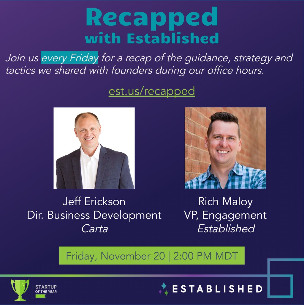 Going LIVE with Jeff Erickson from <a href="/cartainc/">Carta</a> discussing #fundraising, building your #investor network, and #startup advice that we share with founders all the time. Join us on YouTube right now! est.us/recapped