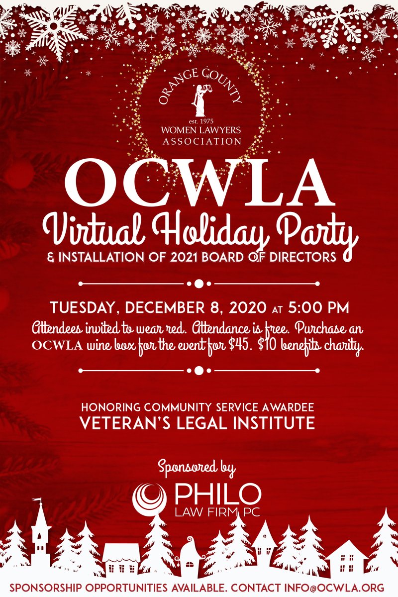 OCBarCA's tweet photo. Save the Date for OCWLA's Virtual Holiday Party and Installation of their Board of Directors on December 8, 2020. For more information, visit https://t.co/3Cpw8B2FD6 https://t.co/thOYwmIIXs