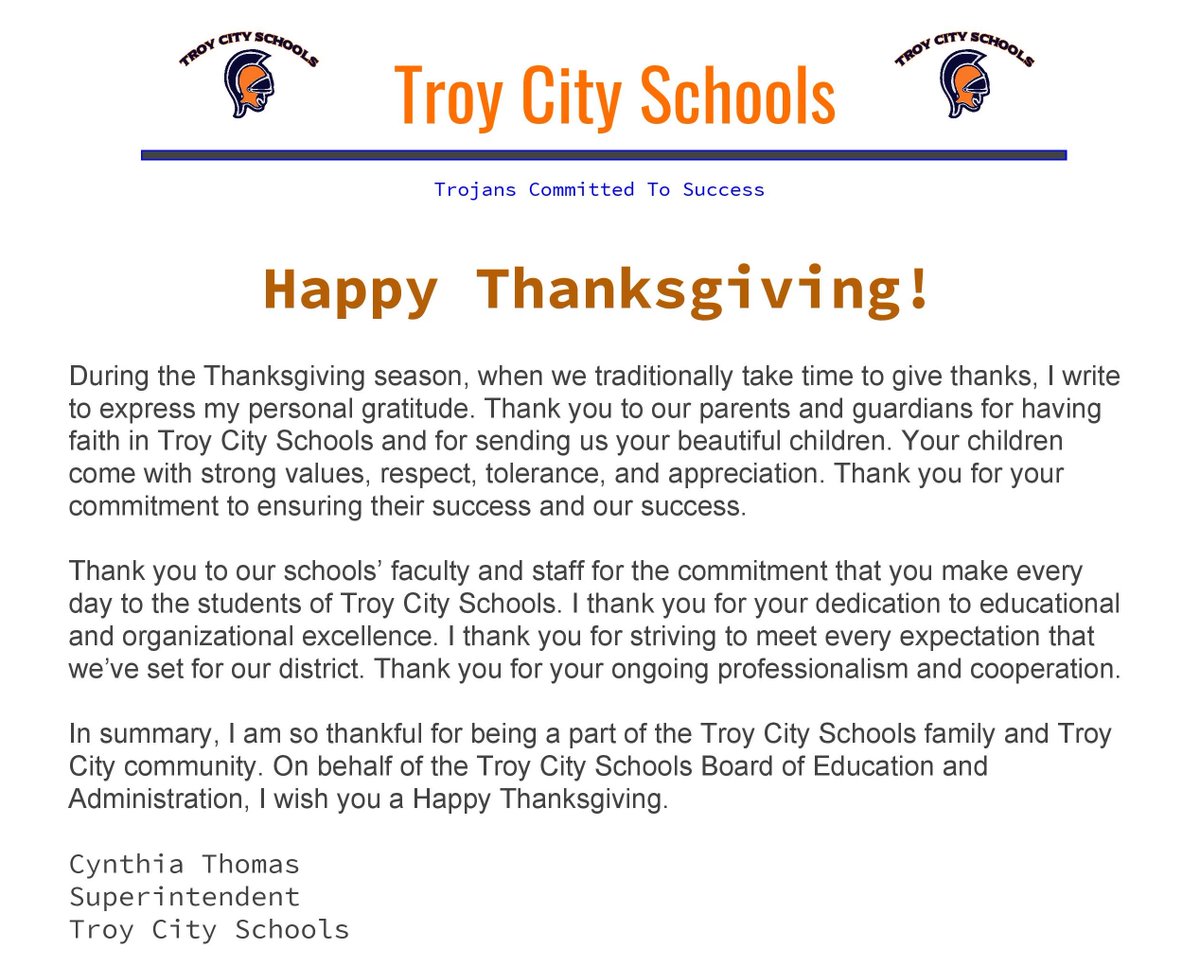 Happy Thanksgiving, from Troy City Schools!