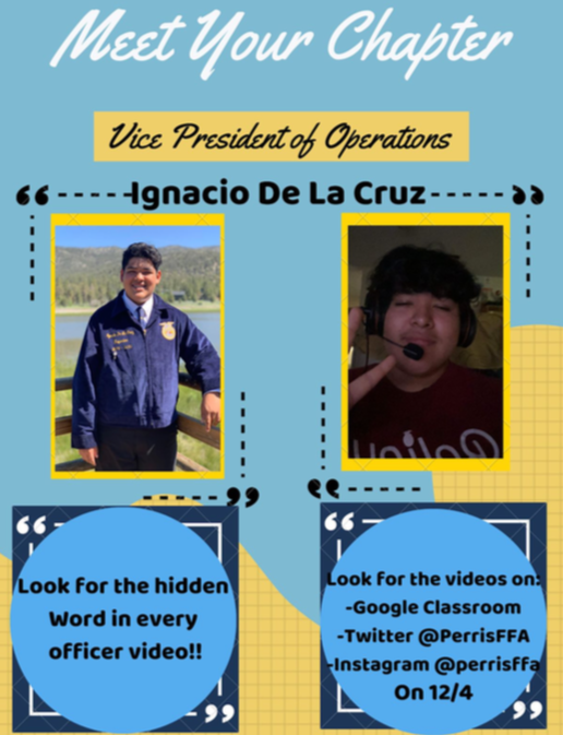 Meet Your Chapter FFA Officers! Watch each officer's video during the week of 11/30-12/6 and find the hidden words to build out the message your officers have for you! Fill out the google form for each video to get credit for an Ag Leadership &amp; Experience Assignment! #perrishigh