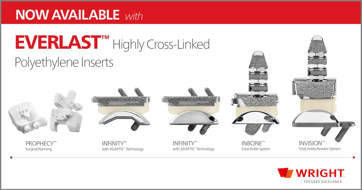wrightmedical's tweet photo. Wright’s trusted ankle portfolio just got even better. Our new, wear resistant EVERLAST™ Highly Cross-Linked Polyethylene inserts are now available for use with our full suite of total ankle products. 

Refer to prescribing information: https://t.co/FtMo4GpZWx https://t.co/clUeRTnVaN