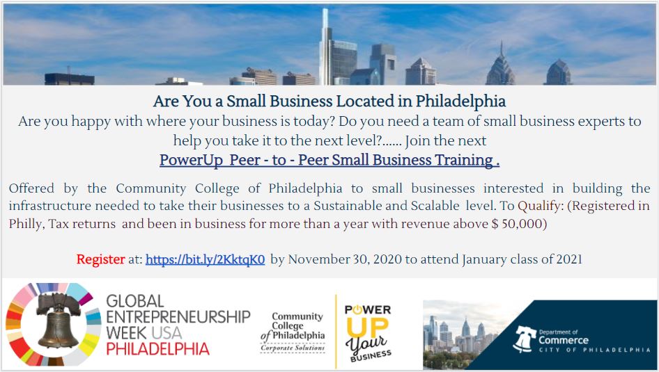 PowerupPhl's tweet photo. Are You a #SmallBusiness   Located in #Philly 
Are you happy with your #businessgrowth today? 
Do you need a team of #smallBizExperts to help you set new #businessgoals to the next level?...... Join the next  PowerUp class. Register at: https://t.co/bh7xfPSqBL  by Nov. 30, 2020 https://t.co/CJ9CNvHEYv
