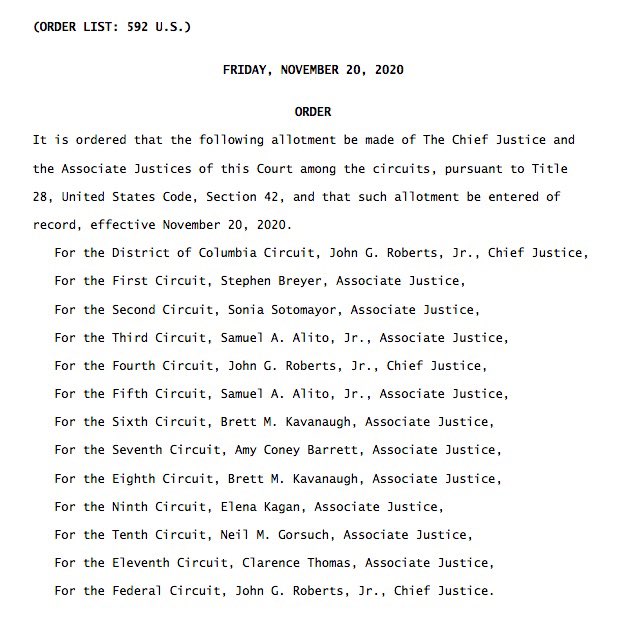 BREAKING: Look who is now in charge of PA, WI, MI, and GA 

Circuit Courts have been Reassigned

Effective November 20, 2020, ordered pursuant to Title 28, United States Code, Section 42

MI - Brett M. Kavanaugh
WI - Amy Coney Barrett
PA - Samuel A. Alito
GA - Clarence Thomas