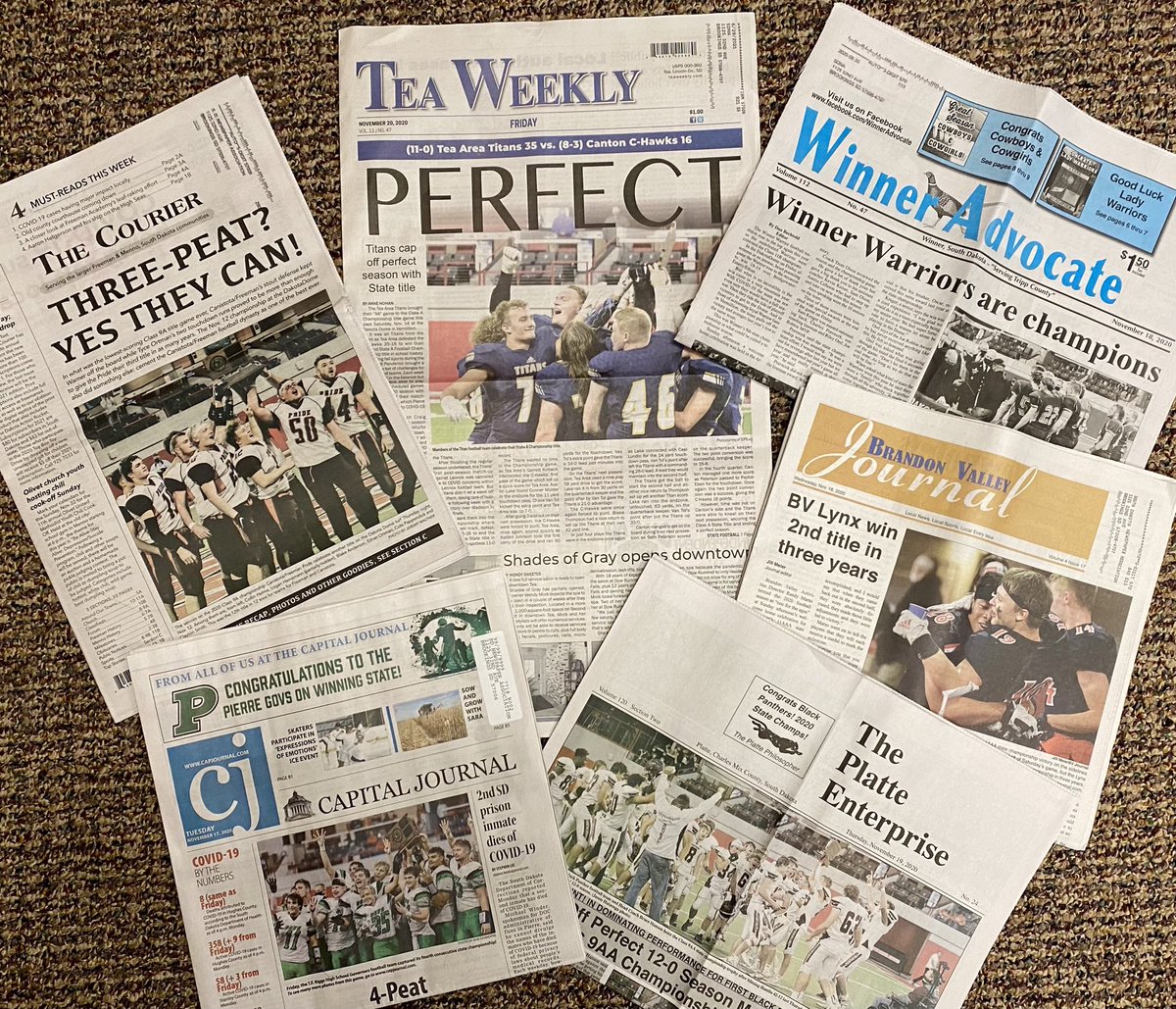 SD_NewsMedia's tweet photo. South Dakota newspapers cover hometown champions. #sdfrontpages #knowlocal #newspapers #journalism https://t.co/3L6Iap68N0