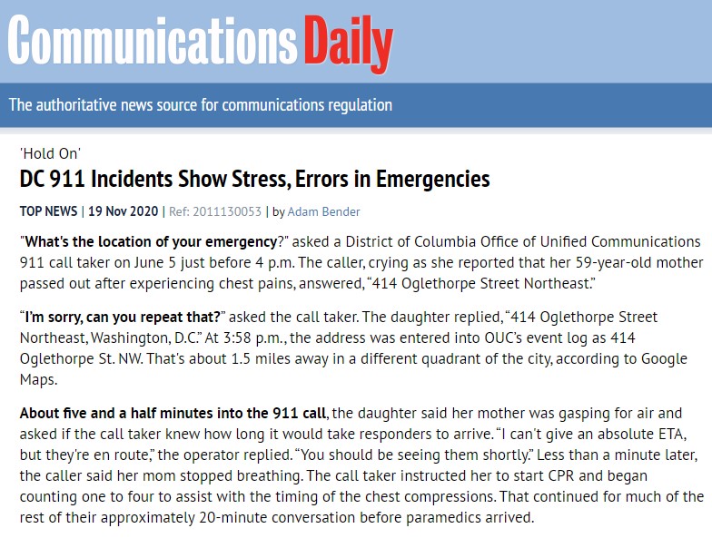 (4) It took a national trade publication to show us DC 911 failed Shepperd & the 13-yr-old daughter trying to save her mom's life. Despite this failure being part of a much larger pattern of neglect at  @OUC_DC, only  @Comm_Daily has been doing the deep dive that's needed. (more)