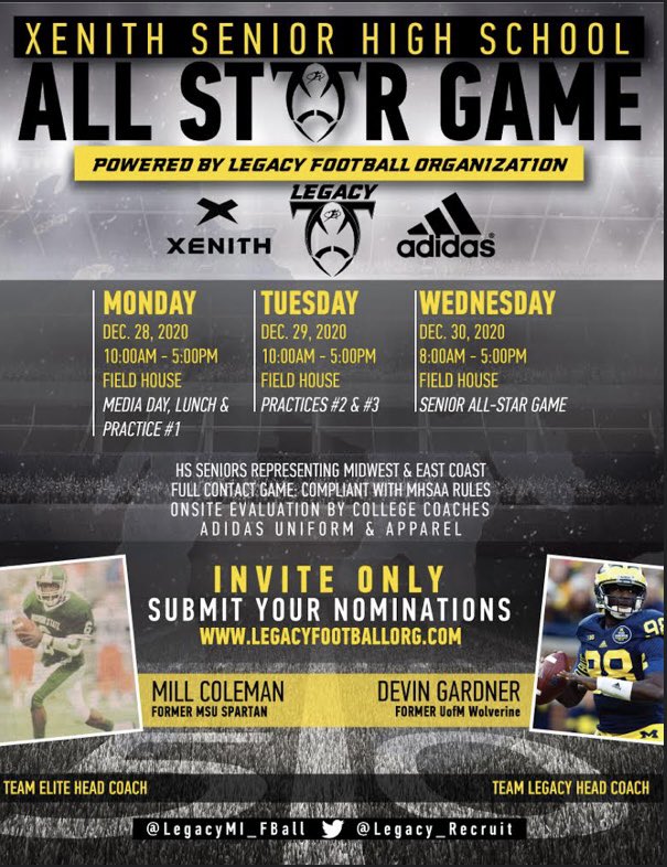 Excited to have been invited to the Xenith All Star Game! <a href="/FranklinFootbal/">Franklin Football</a> <a href="/LegacyMI_FBall/">Legacy Football Organization</a>