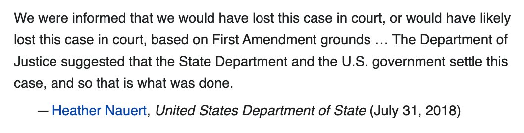 14/ There is recent precedent for controversial speech being upheld by US courts:“Defense Distributed v. United States Department of State”Essentially Cody Wilson shared files for a 3D printed gun. The US gov gave up the case when it looked like they were going to lose.