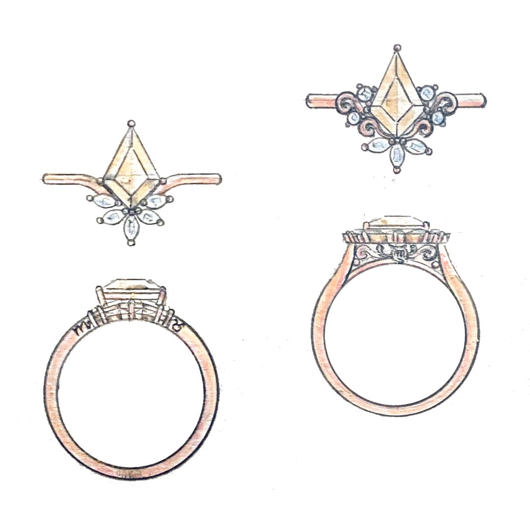 One a bit modern, one with more vintage-inspired ornamentation. I can't wait to show you how the finished ring looks on her hand (I'll post the photos tomorrow!)... but first, a moment just to enjoy the design sketches and picture the finished look -- which would you choose?