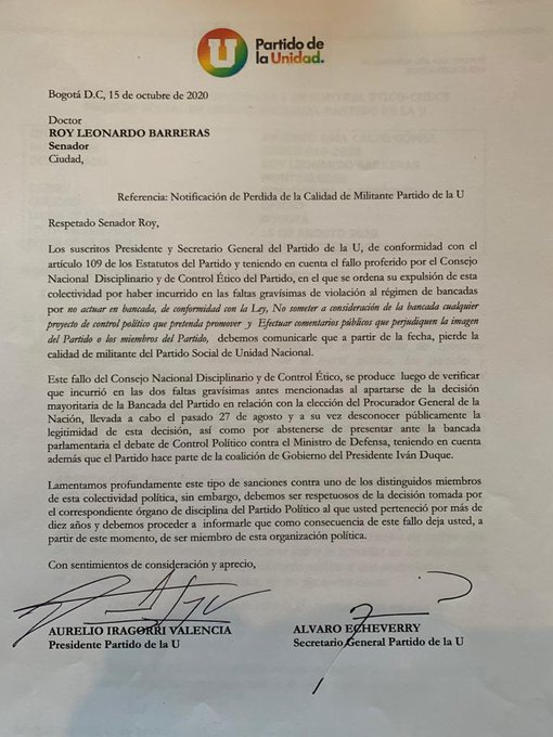pazpoliticacol's tweet photo. "LOS SENADORES ROY BARRERAS Y ARMANDO BENEDETTI LE MIENTEN AL PAÍS"
NO RENUNCIARON A SU PARTIDO SINO QUE FUERON EXPULSADOS del PARTIDO DE LA U, por el cual, fueron elegidos.

@RoyBarreras @AABenedetti @partidodelaucol @DilianFrancisca https://t.co/JaxvcE60mS
