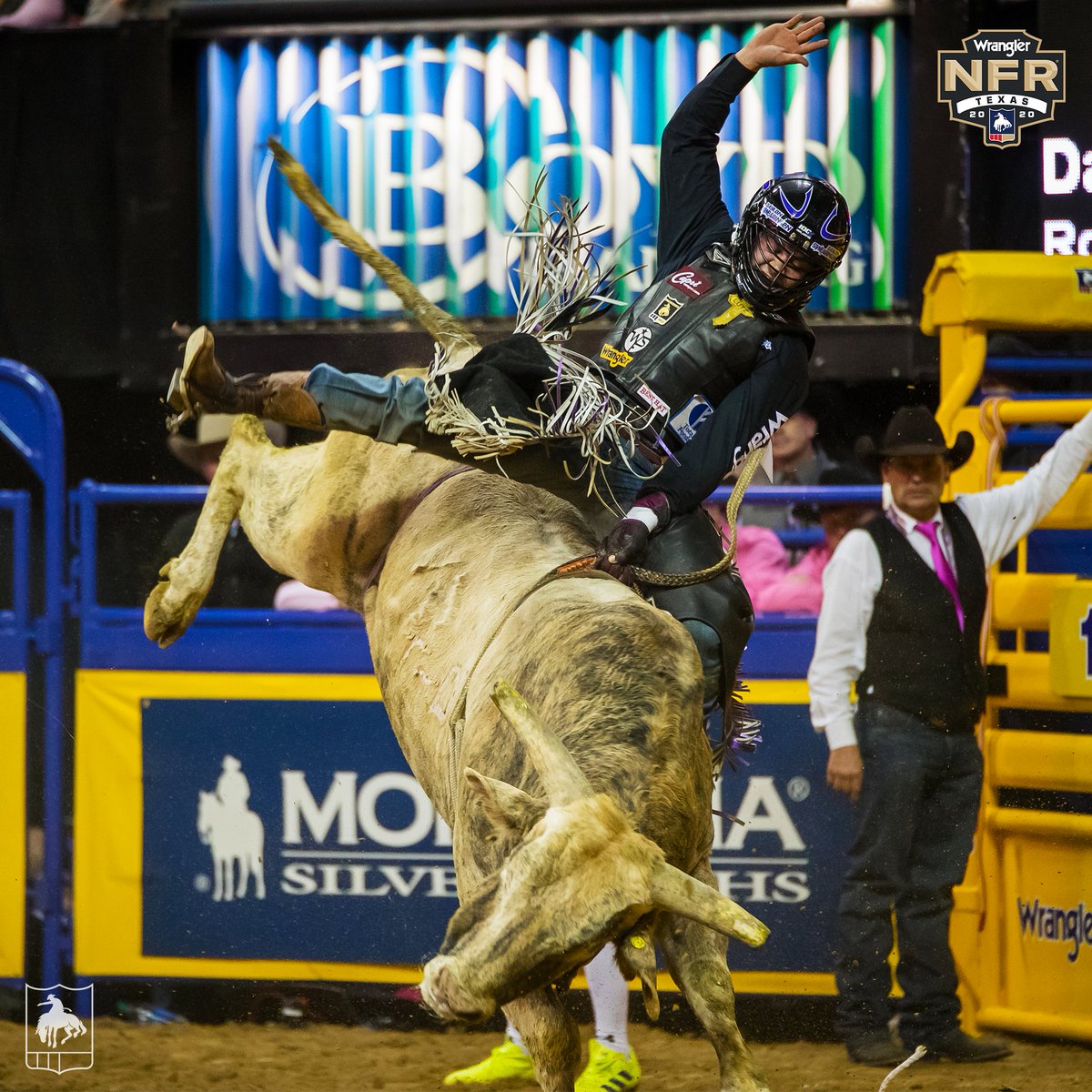 PRCA_ProRodeo's tweet photo. Bull rider @DaySwearingen1's first go-round win was a record-setting 92 points for Round 5 at the 2019 NFR! ➡️ https://t.co/HOhYC2BoFe https://t.co/iLsTebCLA2