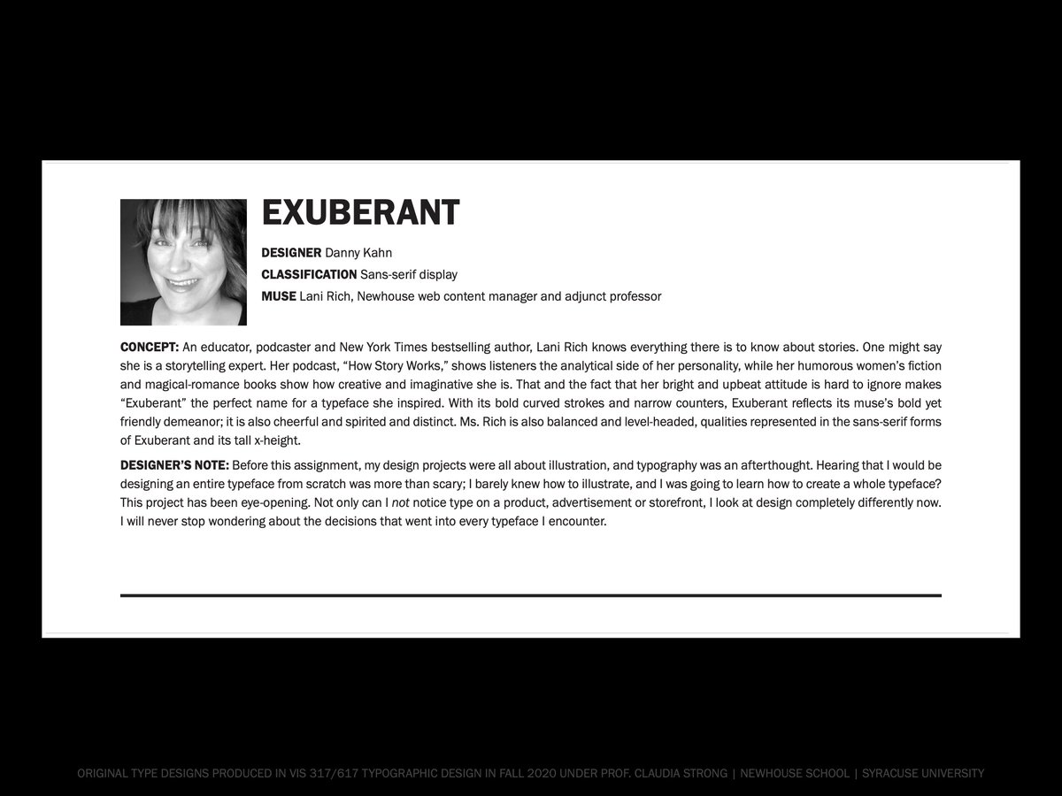 LaniDianeRich's tweet photo. As a typography nerd, I was so thrilled when I was chosen by a talented @NewhouseVIS student to build a font based on me! The student did a wonderful job, and I wanted to show it off to you guys. What do you think? Does Exuberant sound like a font made for me? https://t.co/n6NC15apHt