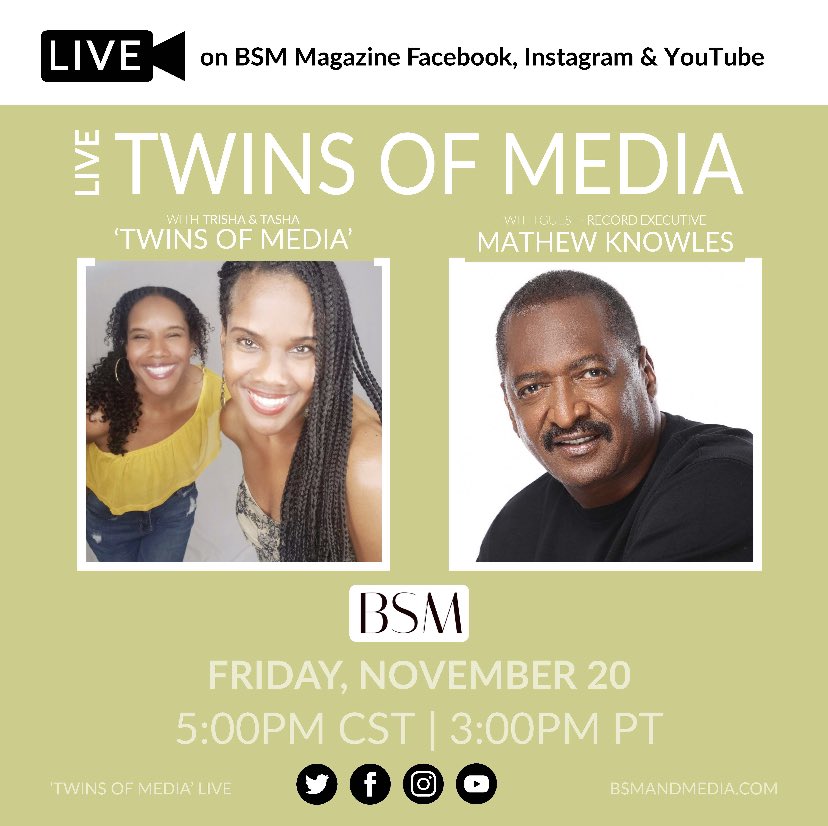 MathewKnowles's tweet photo. I am honored to be a guest on the “Twins of Media” LIVE today at 5 PM CST!
Tune in at https://t.co/nYcD2gDx1E
I’ll see you there!
#mathewknowles #twinsofmedia #beautifullysaidmagazine #live https://t.co/nF9HChIaXN