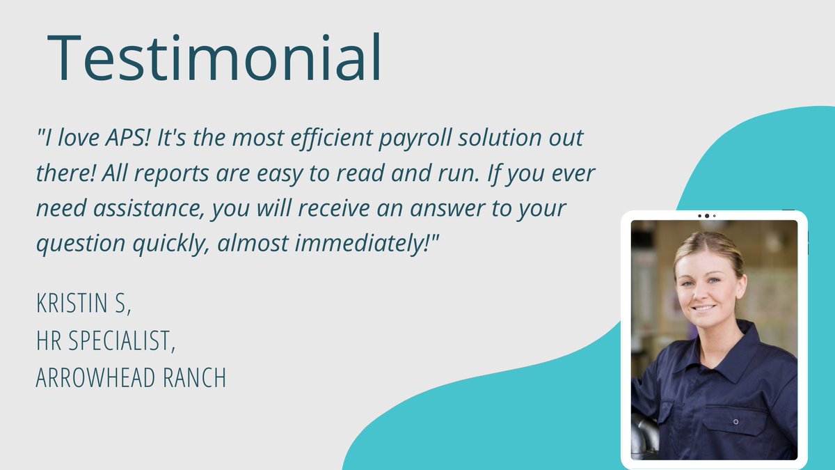 APSPayroll's tweet photo. We have the best customers. Check out what #payrollcoordinator Kristin has to say about APS below!
 
#makepayrolleasy #makeHReasy #workmadeeasy https://t.co/VCBVzRcU0H