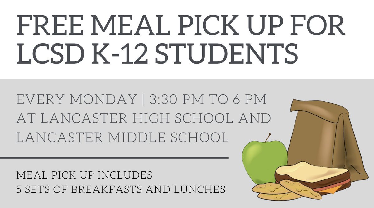 LancasterCSD's tweet photo. LCSD is still offering free drive through meals pick up for K-12 LCSD students. Meal pick up is every Monday from 3:30 pm to 6:00 pm and includes 5 sets of breakfasts and lunches that are disbursed out of Lancaster High School and Lancaster Middle School. https://t.co/tR0LV5Hdwx https://t.co/VjACIhT4Px
