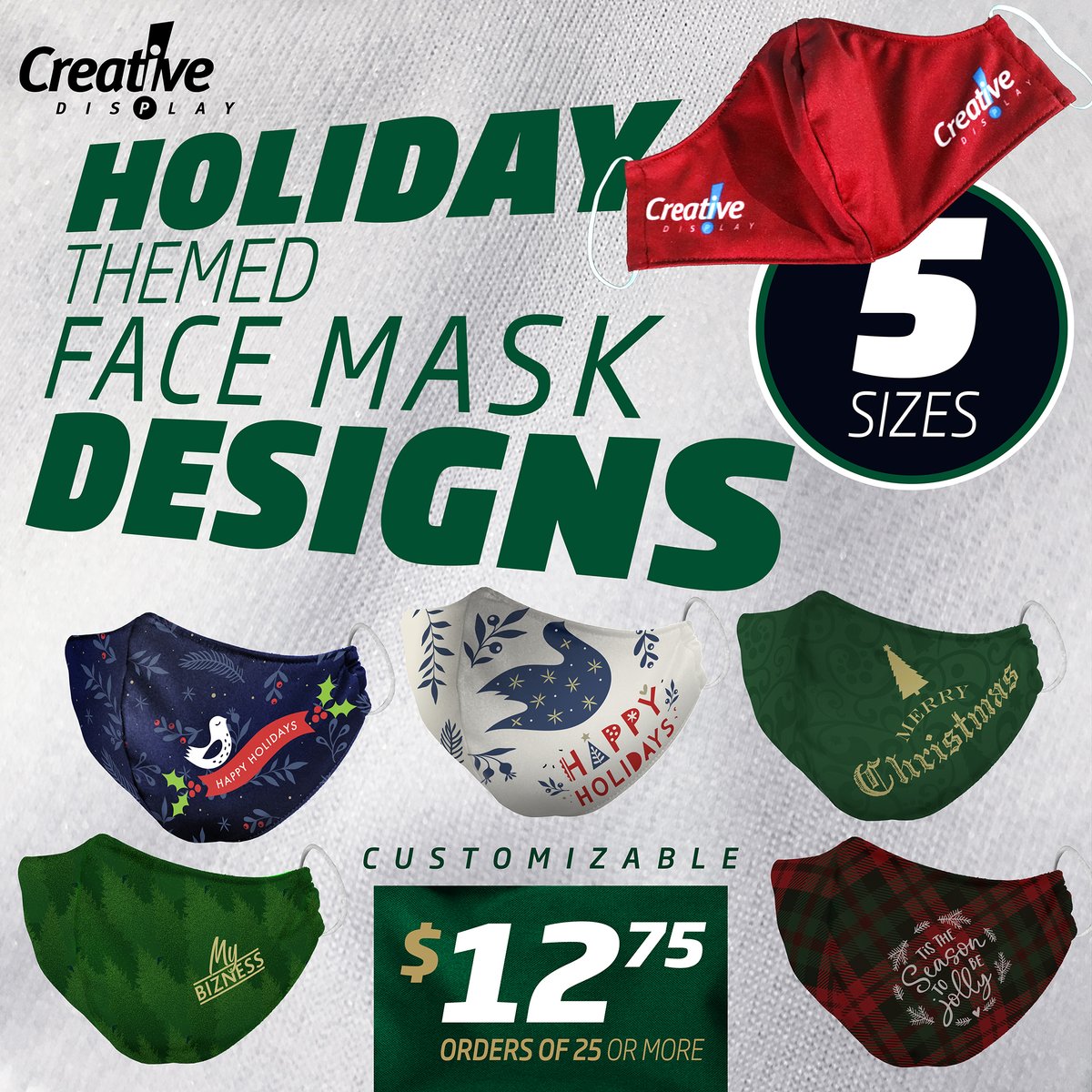 Some fun holiday fashions. Comfortable poly spandex Face Masks made in Winnipeg! 

creativedisplay.ca/facemasks.php