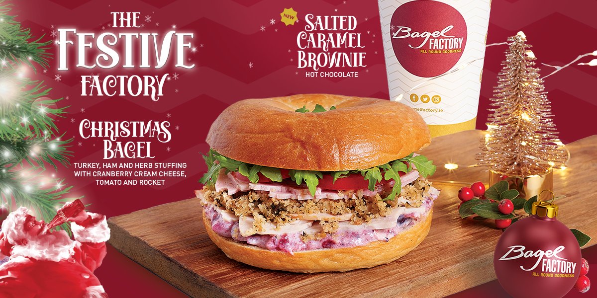 BagelFactoryIE's tweet photo. The #FestiveFactory! 🎅

Our Christmas Bagel with Turkey, Ham, Herb Stuffing, Cranberry Cream Cheese, Tomato &amp; Rocket! 🎄

Taste our new Salted Caramel Brownie Hot Chocolate! 🍫

Now in @DundrumTC &amp; @blanchcentre

Enjoy with a @cocacolaie ❤️

#BagelFactory #AllRoundGoodness https://t.co/FFxtBmWEHa