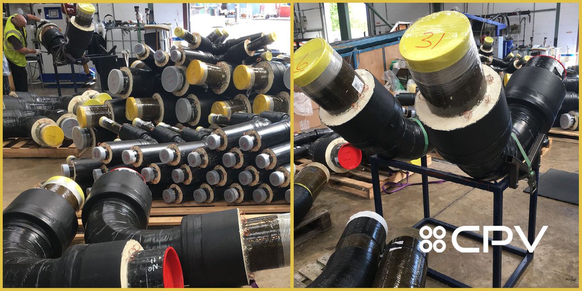 Here’s a collection of prefabricated pre-insulated Hiline GRE (glass-reinforced epoxy) pipe system components being produced for a heat network project site in the Falkland Islands. #heatnetworks #ukmanufacturing cpv.co.uk/product-range/…