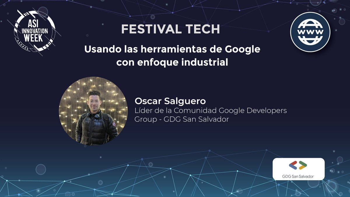 asielsalvador's tweet photo. @OscarSalguero, Líder de la comunidad Google Developers Group @GDGSanSalvador nos explica cómo podemos usar las herramientas de #Google con enfoque industrial, en el #Día5 #ASIInnovationWeek2020 #FestivalTech #ElSalvador #Industriales https://t.co/7qY2Kw9A8R