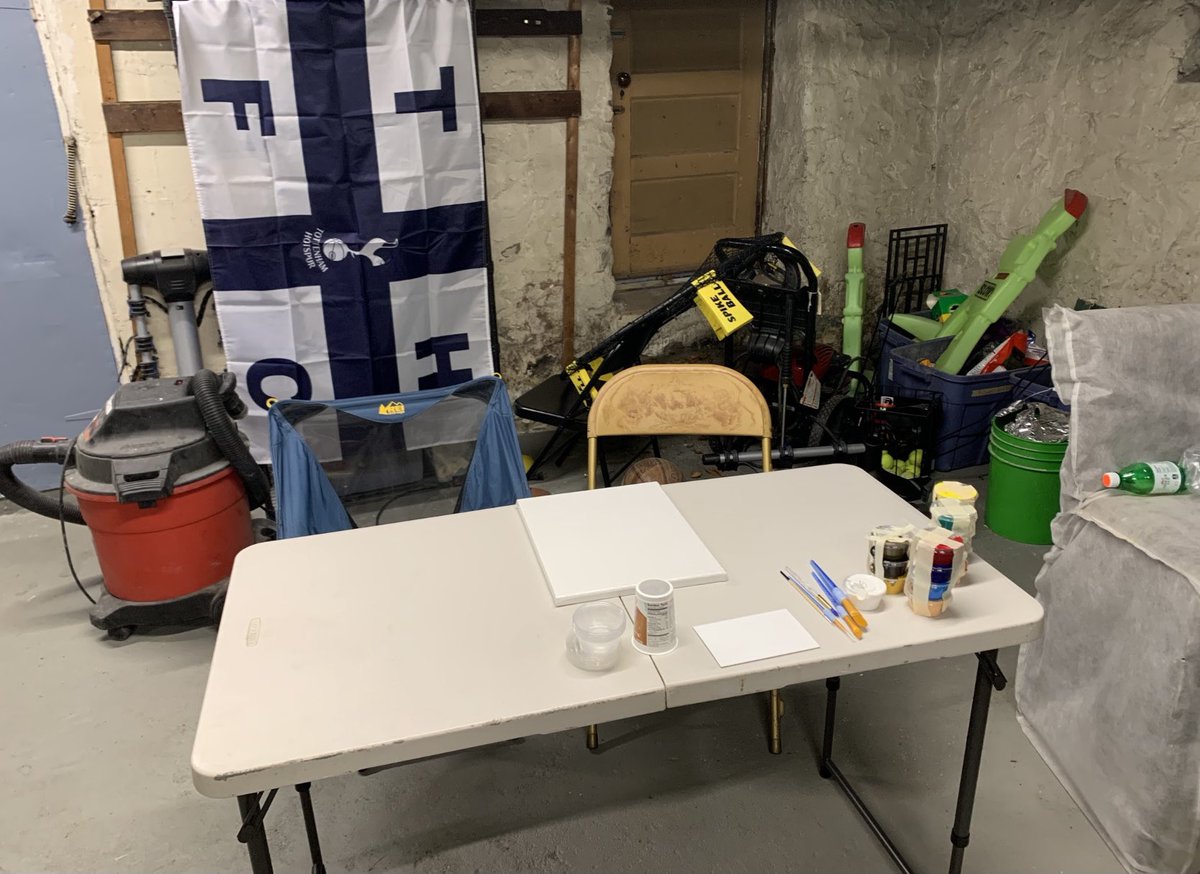 Melitosartstarz's tweet photo. One of my boys told me that it wasn’t a good idea to paint in his dining room. He got up and took me and the other student in the meet to the basement, internet was ok there. He sent me this photo of his space all set up and ready! #enthusiasmforlearning @melroseps #melroseps https://t.co/V0nm0Pd6M6