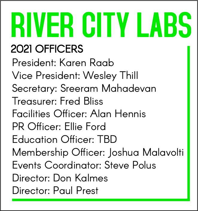 Election results were announced last night at our virtual membership meeting. Thank you to all the 2020 officers for all your hard work to make RCL a better makerspace! Congratulations to RCL's newly elected 2021 officers! #rclpeoria #rivercitylabs
