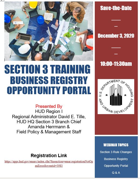 DavidTilleHUD's tweet photo. Join us December 3 for a virtual Section 3 Training.  Learn about HUD's Section 3 Business Registry and Opportunity Portal.  Register today at https://t.co/dYFg9RTfCT https://t.co/snABZmCD2R