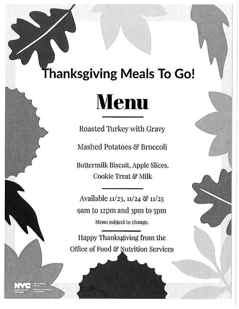 Thanksgiving dinners to go (frozen to cook at home) will be served! Thanks <a href="/DOEChancellor/">Chancellor Kamar H. Samuels</a>  <a href="/SOBFOOD/">Stephen</a> A list of sites where the meal is served is available here: nyc-oem.maps.arcgis.com/apps/webappvie…