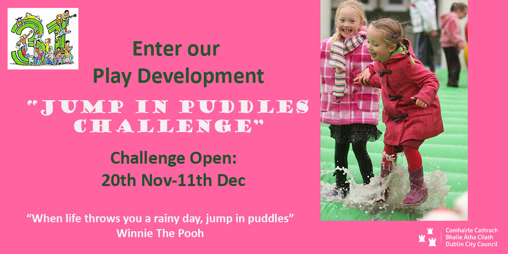 DubCityCouncil's tweet photo. We are celebrating World Children’s Day by hosting a ‘JUMP IN PUDDLES CHALLENGE’ for children of all ages. Find out how to take part here: https://t.co/oJG4OdNOan Challenge open until 11th Dec! Have fun! 🥳 #WorldChildrensDay #JumpInPuddles #Play #Dublin https://t.co/91JzIG5rH0
