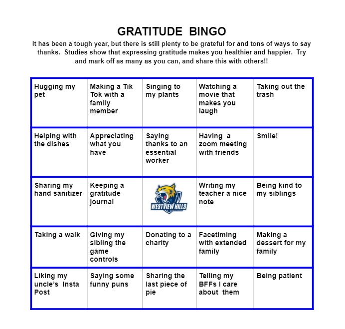 d60FACS's tweet photo. We wanted to share our Wildcat Gratitude Bingo.  How many boxes can you mark off? #d60learns 💛💙#FCSEd https://t.co/UfUSrdp63h