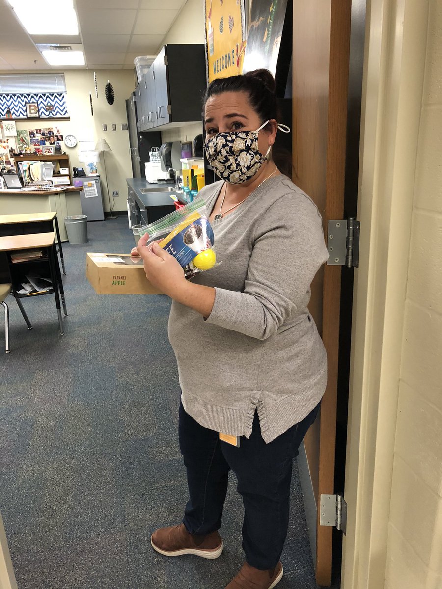 Mrs. Barber is smiling even though you can’t see it!  She is thrilled to have a pie to take to her family. Thank you PTA!  #grateful #teaching #smsd