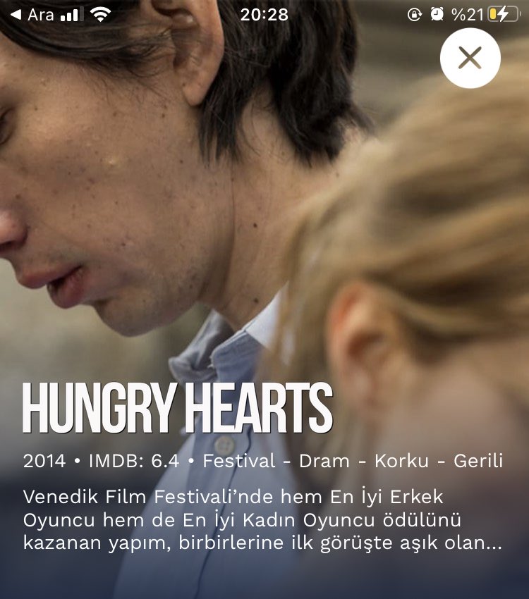 Ben bunu niye izledim dedirten, iç sıkıntısı garantili bir filmi daha yerinize izledim. Yeni bebeği olanlar uzak dursun. #hungryhearts