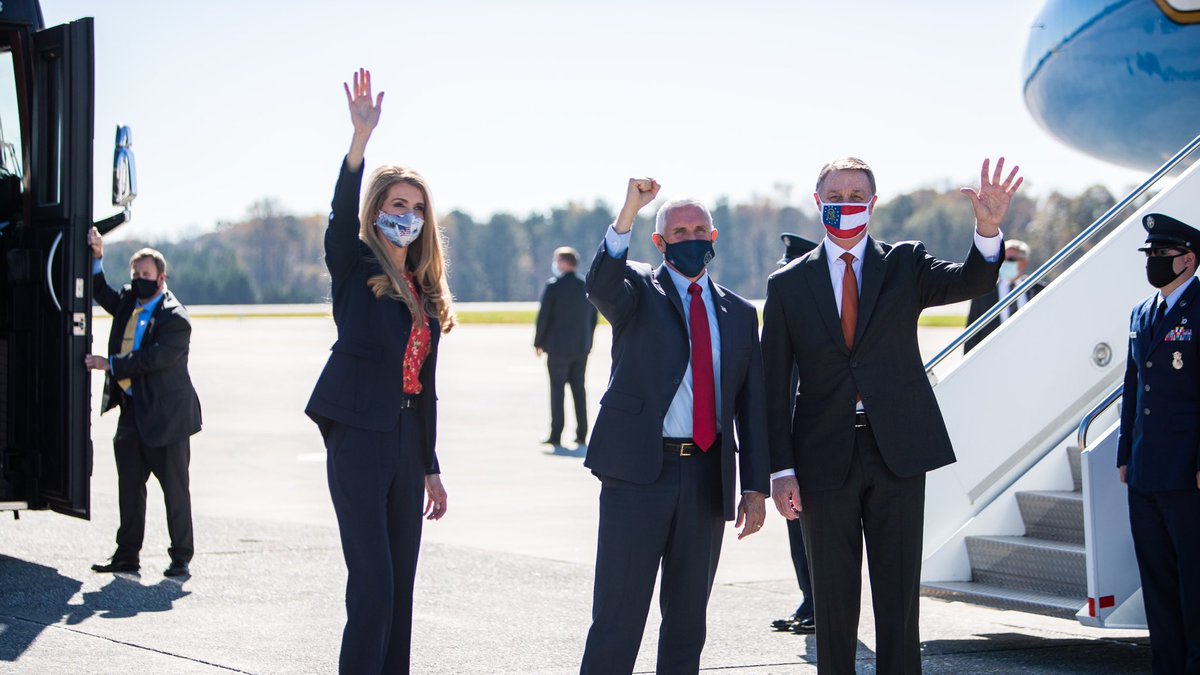 Mike_Pence's tweet photo. Just landed in Georgia! We must keep a Republican Majority in the Senate with @KLoeffler and @Perduesenate so we can keep fighting for Conservative ideals that made this Nation Great! https://t.co/Iw7ybGE6Qw