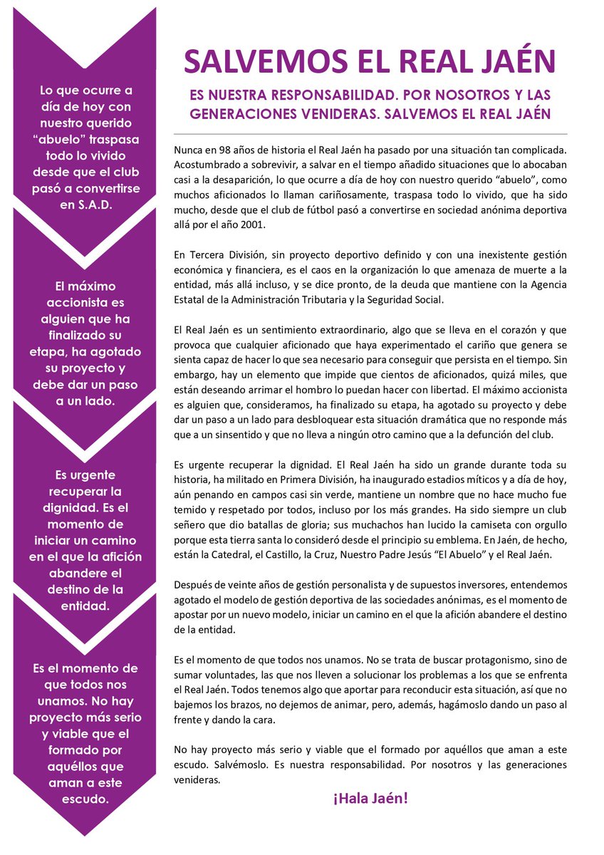 🗣️ ¡Afición, peñas, medios, ex-jugadores, simpatizantes, empresas! Hagamos viral este manifiesto por la salvación del Real Jaén. ¿Cómo mostrar apoyo?

➡️ RT🔁 y MG❤️
➡️ Responde / cita este tuit con #SalvemosAlRealJaén y #RodríguezVeteYa.

Os necesitamos a TODOS 🌍

¡Hala Jaén!💜