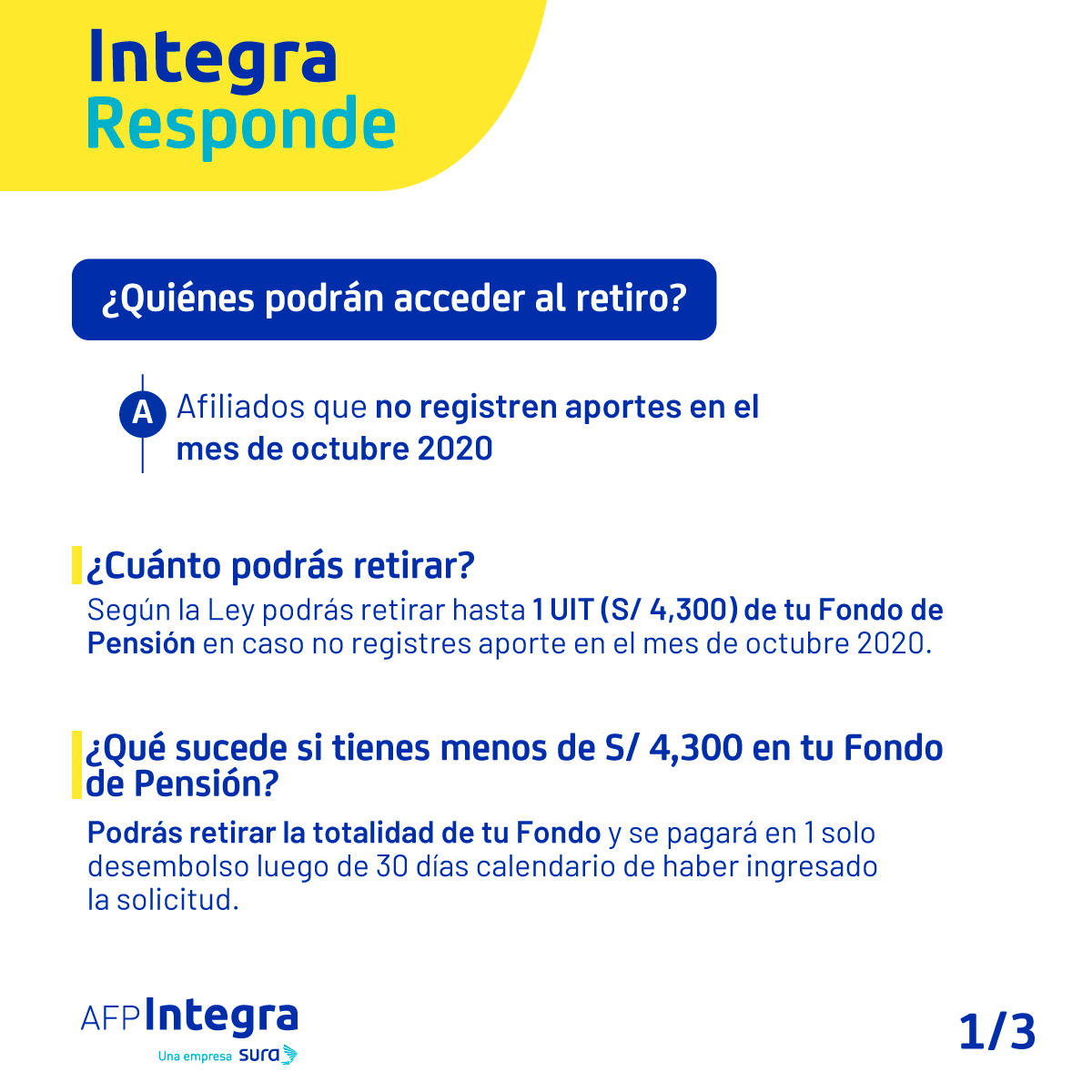 AFP_Integra's tweet photo. #IntegraResponde: Resolvemos tus dudas sobre la Ley que permite el retiro voluntario de hasta 4 UIT (S/ 17,200) de los Fondos de Pensiones. Encuentra más información en nuestra web: https://t.co/yHHYoQtsIN https://t.co/XZZ203h779