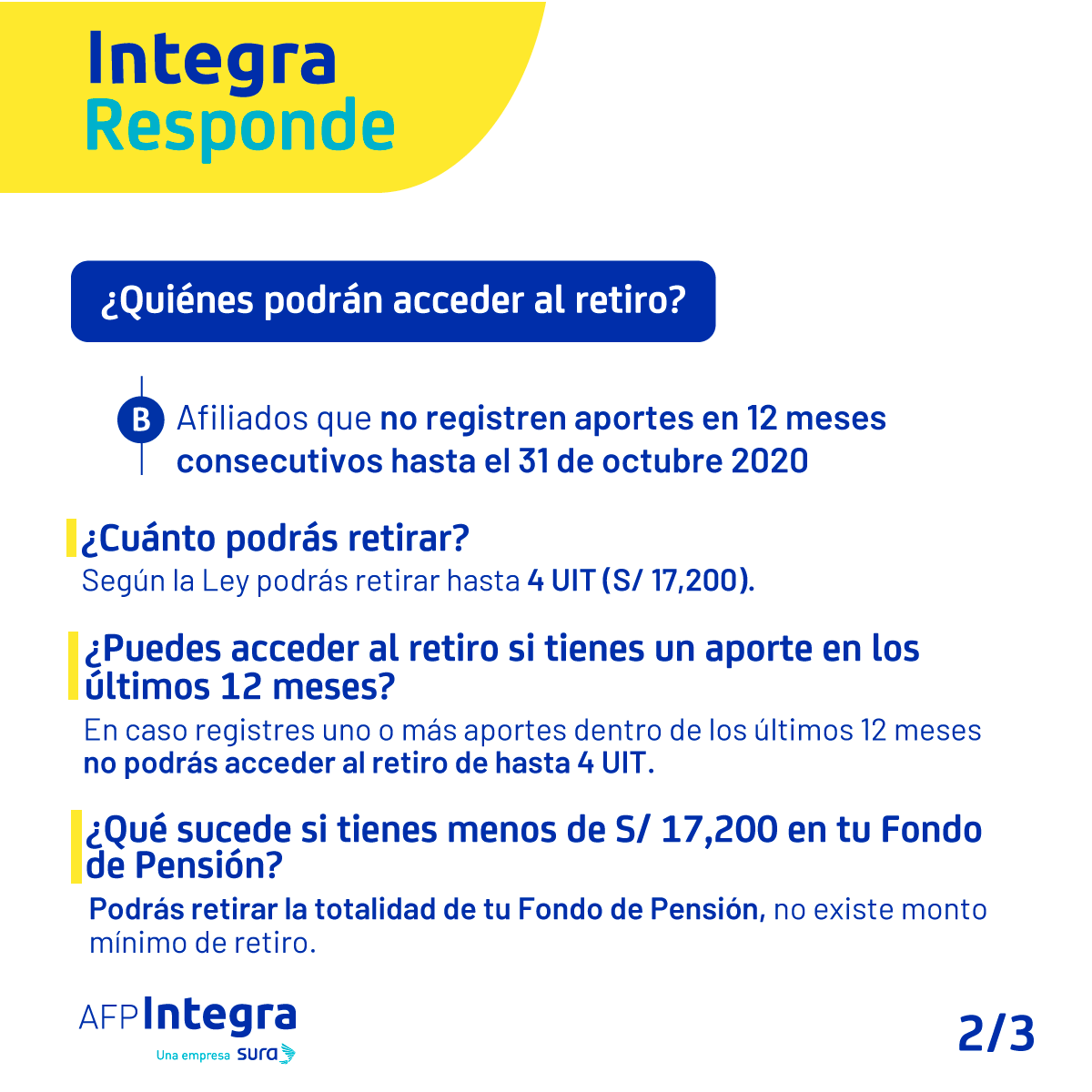 AFP_Integra's tweet photo. #IntegraResponde: Resolvemos tus dudas sobre la Ley que permite el retiro voluntario de hasta 4 UIT (S/ 17,200) de los Fondos de Pensiones. Encuentra más información en nuestra web: https://t.co/yHHYoQtsIN https://t.co/XZZ203h779