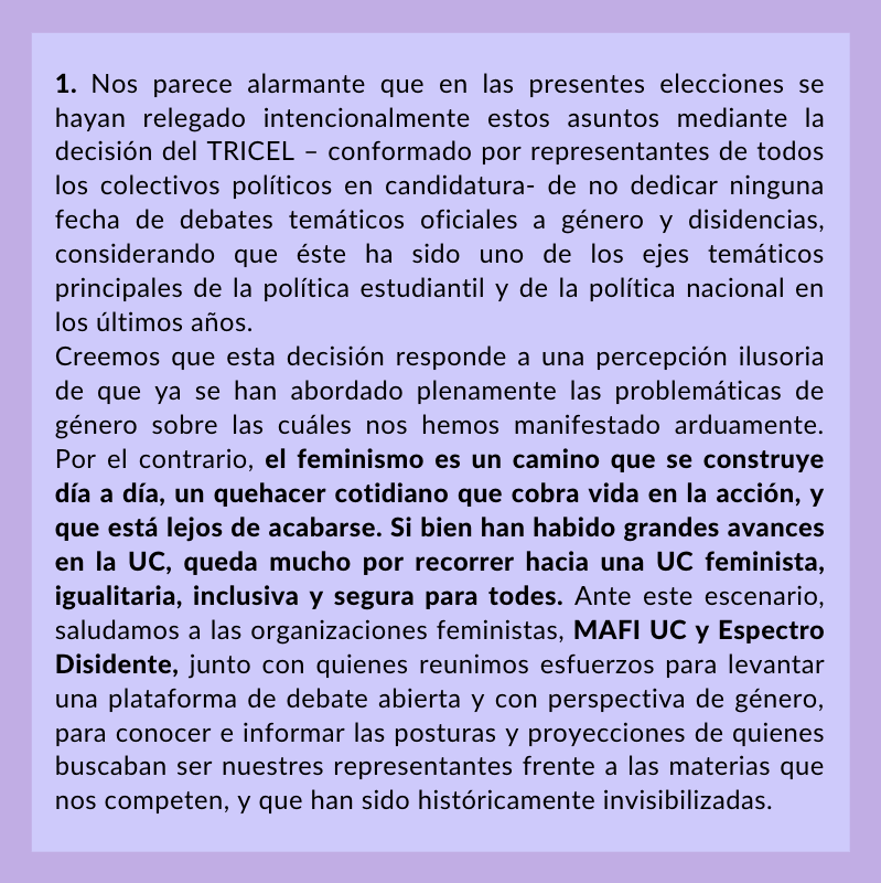 SEGEXUC's tweet photo. Esta semana se realizó la primera vuelta de elecciones FEUC/Cs/Cts 2020. Desde la Segex, como cada año, emitimos una evaluación del proceso desde una perspectiva feminista crítica, respecto al abordaje de género y disidencias en debates, programas y prácticas. Abre hilo: https://t.co/HcTXTw8MT2