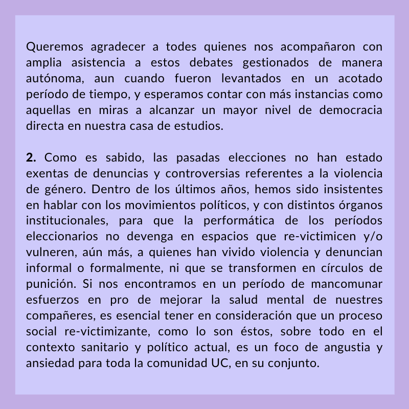 SEGEXUC's tweet photo. Esta semana se realizó la primera vuelta de elecciones FEUC/Cs/Cts 2020. Desde la Segex, como cada año, emitimos una evaluación del proceso desde una perspectiva feminista crítica, respecto al abordaje de género y disidencias en debates, programas y prácticas. Abre hilo: https://t.co/HcTXTw8MT2